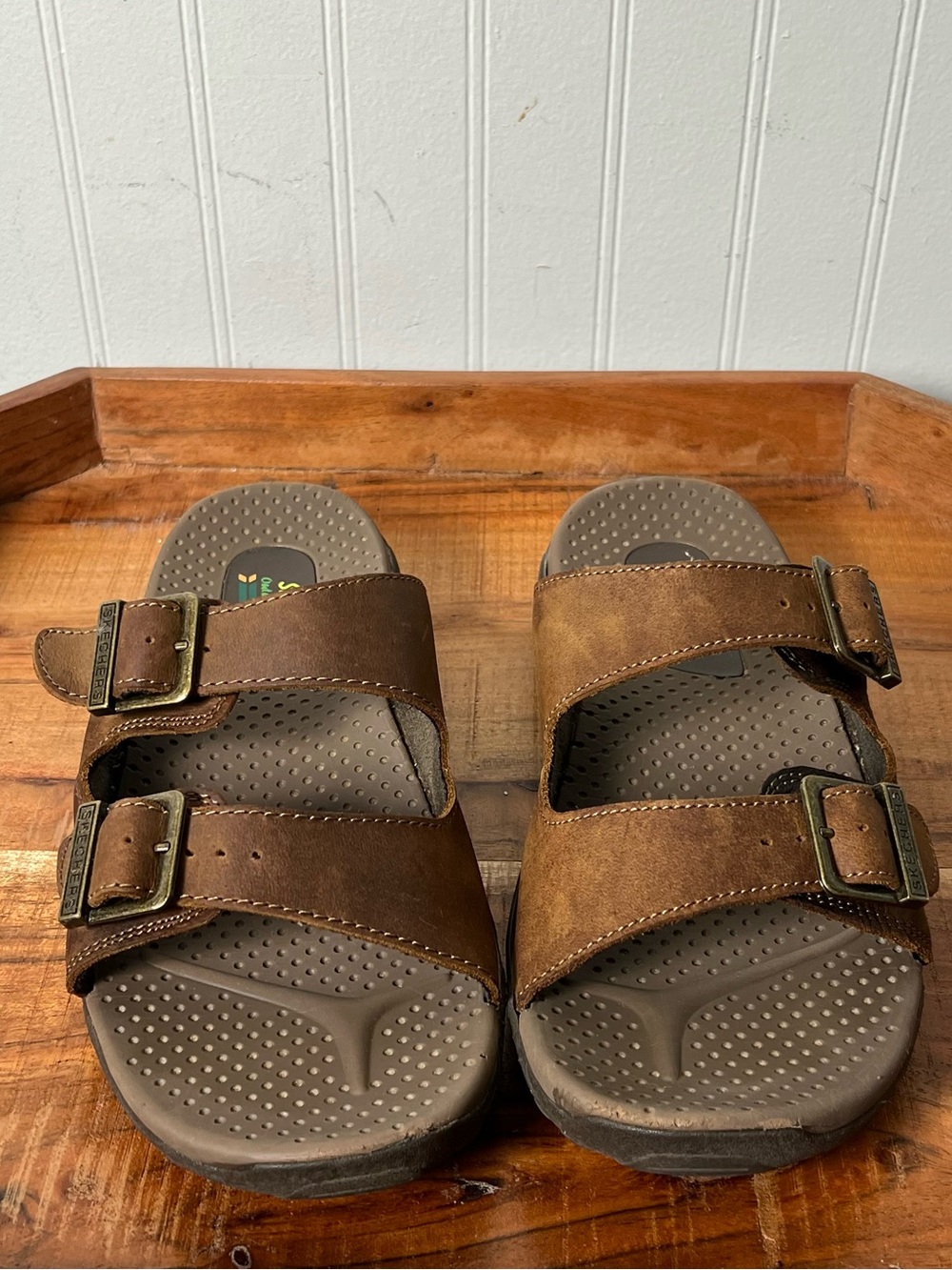 Skechers Outdoor Lifestyle Brown Leather Slide Buckle Sandal Size 9